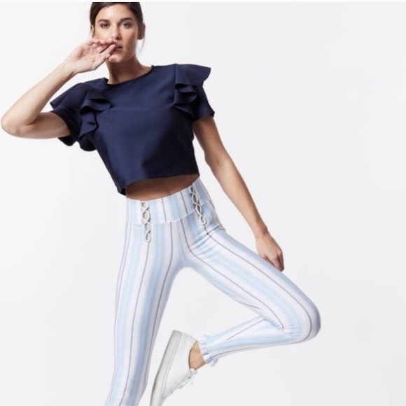 Navy Cold Shoulder Ruffle Crop Top by Carbon38 - Picture 2 of 5